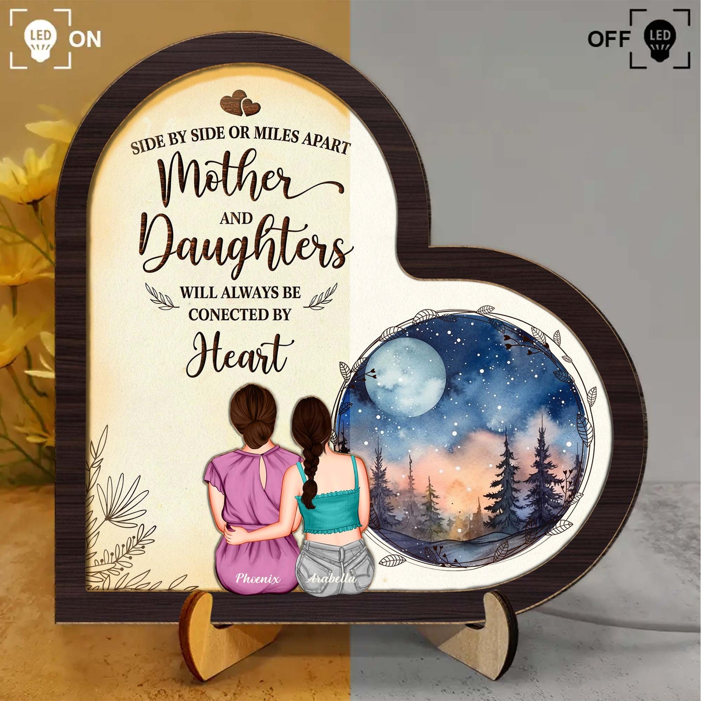 Mother - The Love Between A Mother & Daughters Is Forever - Personalized LED Light Wooden Plaque