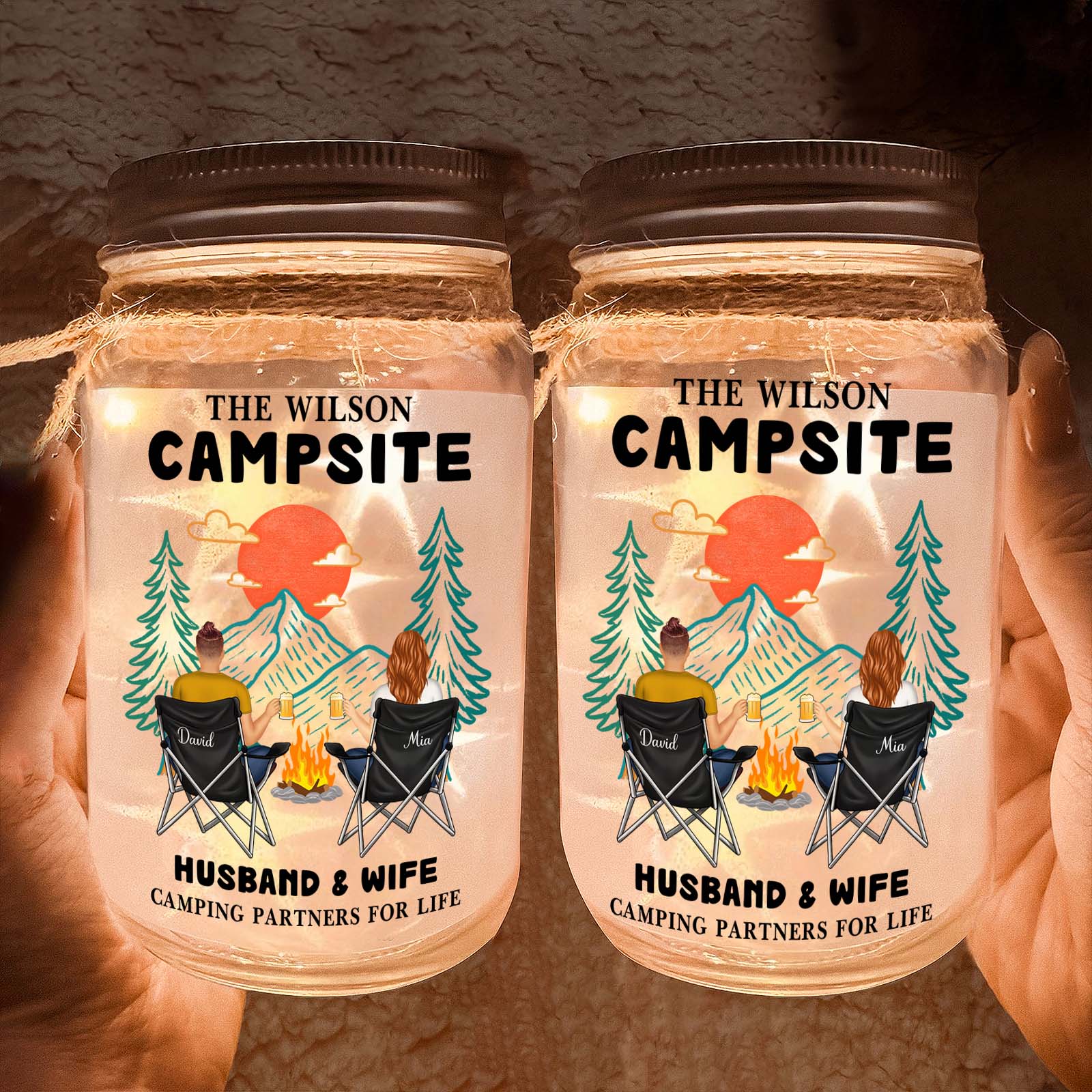 Couple - Husband & Wife Camping Partners For Life - Personalized Jar Night Light