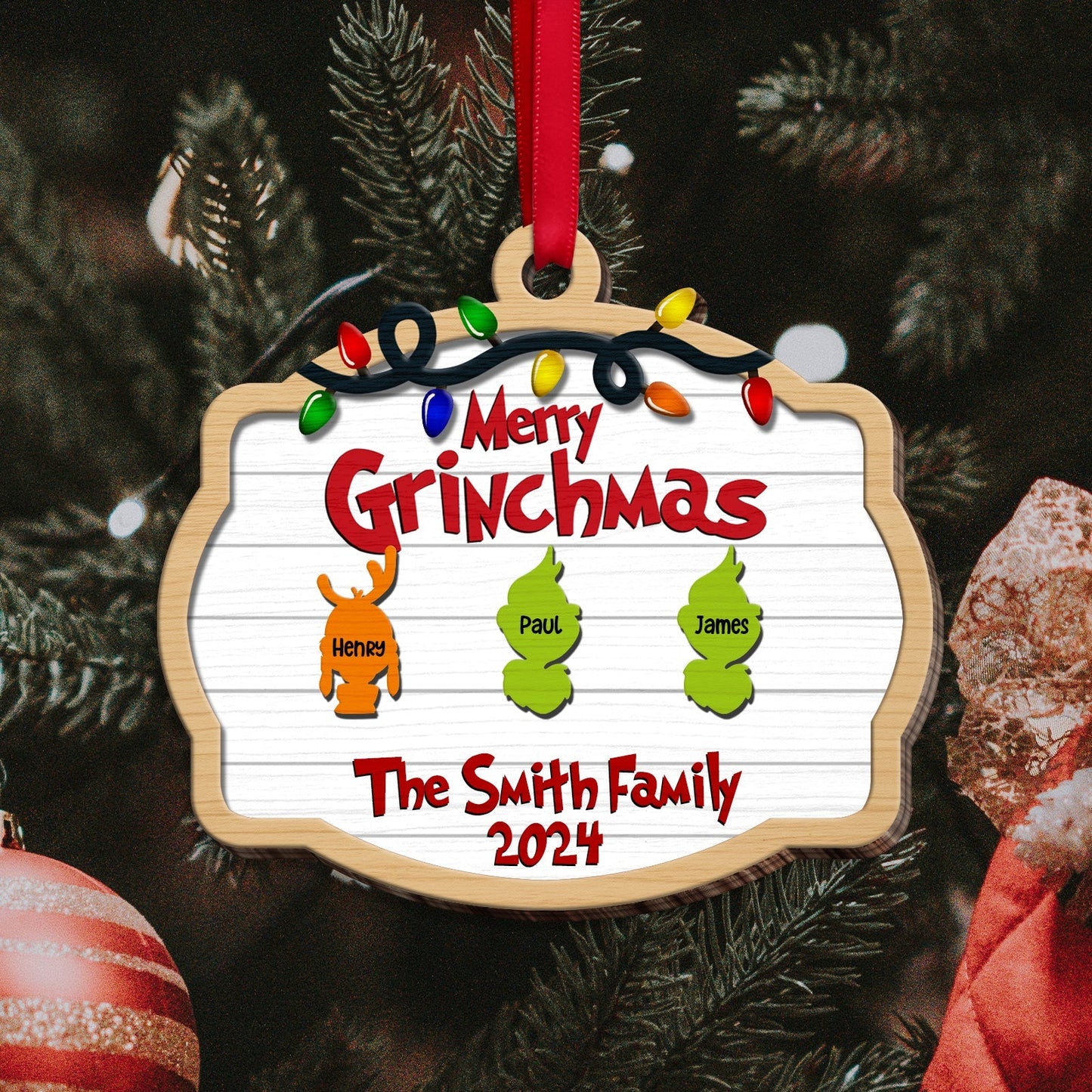 Family - Merry Grinchmas - Personalized Wood Ornament