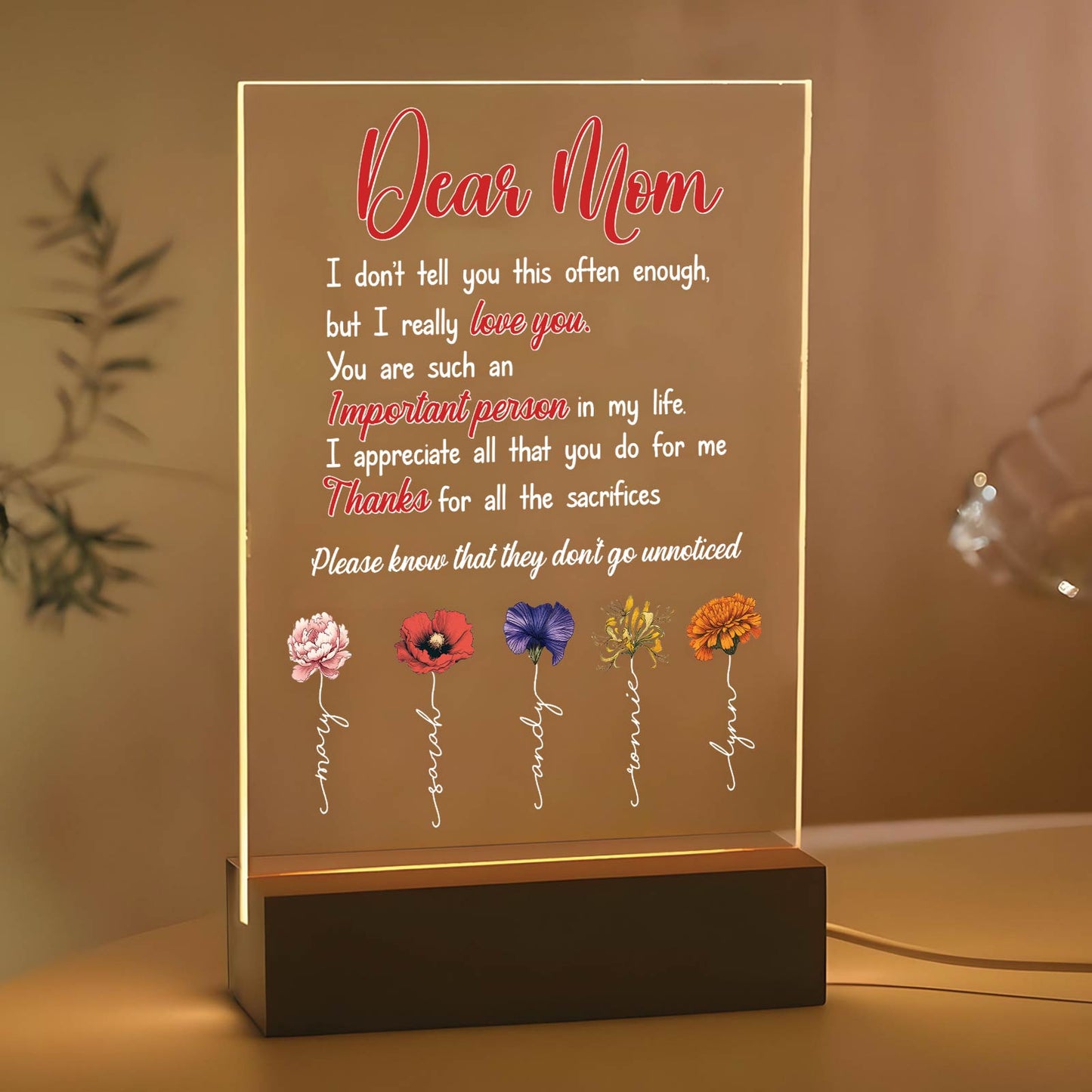 Gift For Mom - Dear Mom - Personalized Flower LED Light