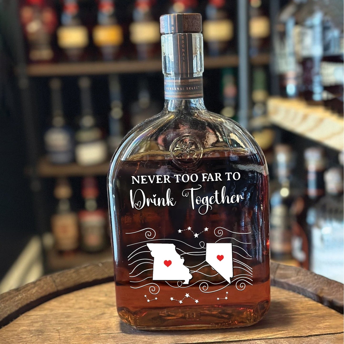 Family - Never Too Far To Wine Together - Personalized Whiskey Bottle