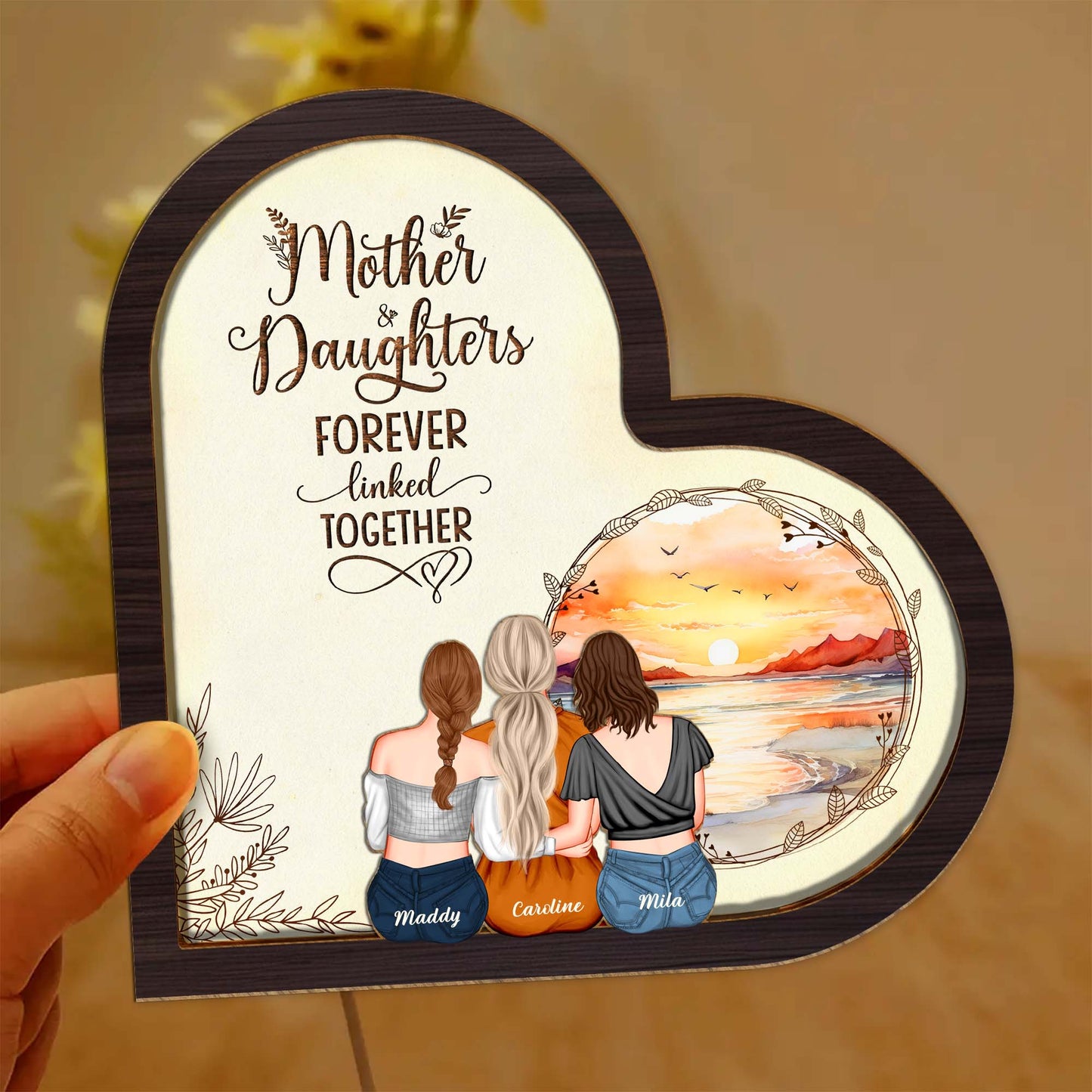 Mother - The Love Between A Mother & Daughters Is Forever - Personalized LED Light Wooden Plaque