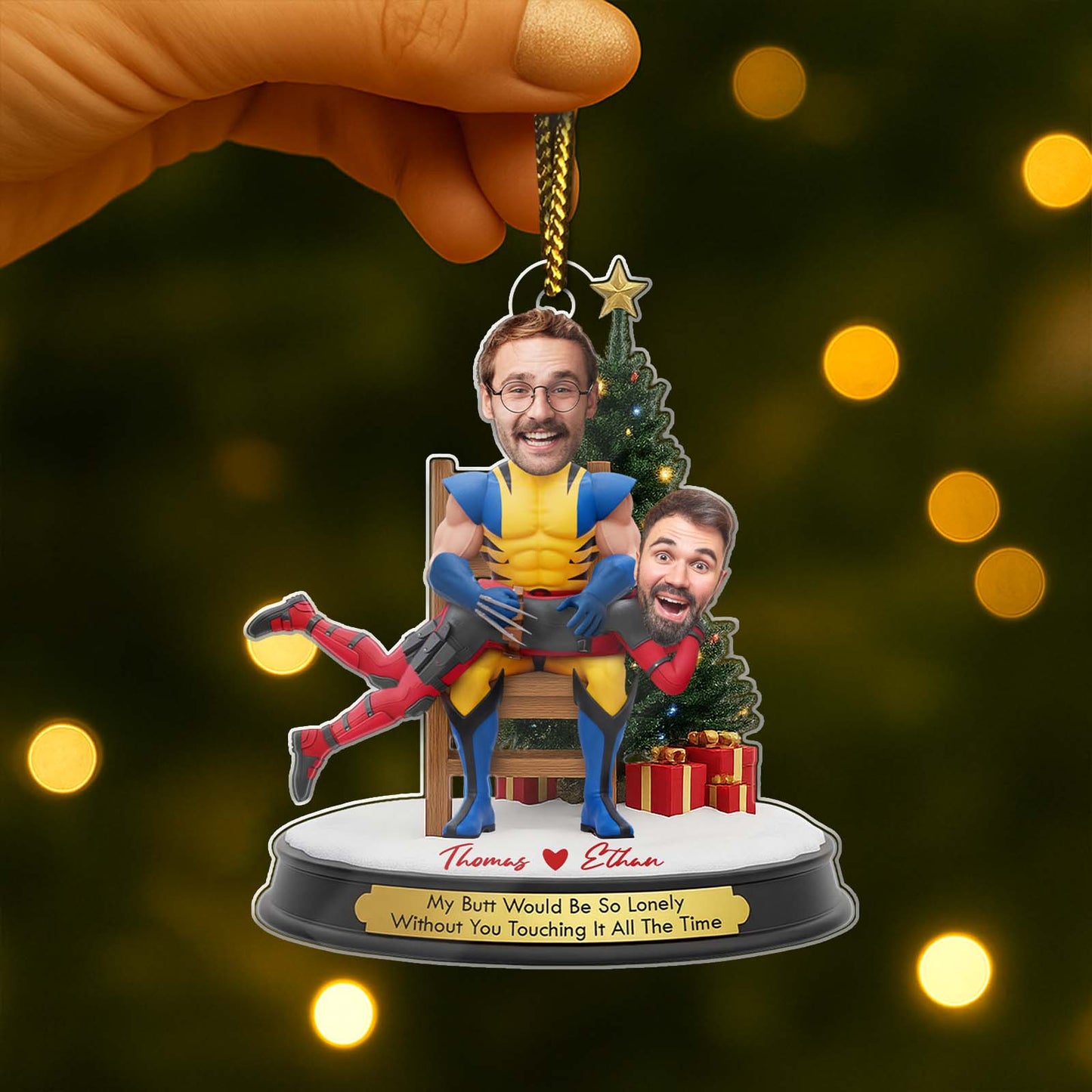 Personalized couple Christmas ornament featuring custom faces and playful text for a unique holiday gift