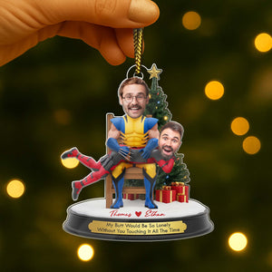 Personalized couple Christmas ornament featuring custom faces and playful text for a unique holiday gift