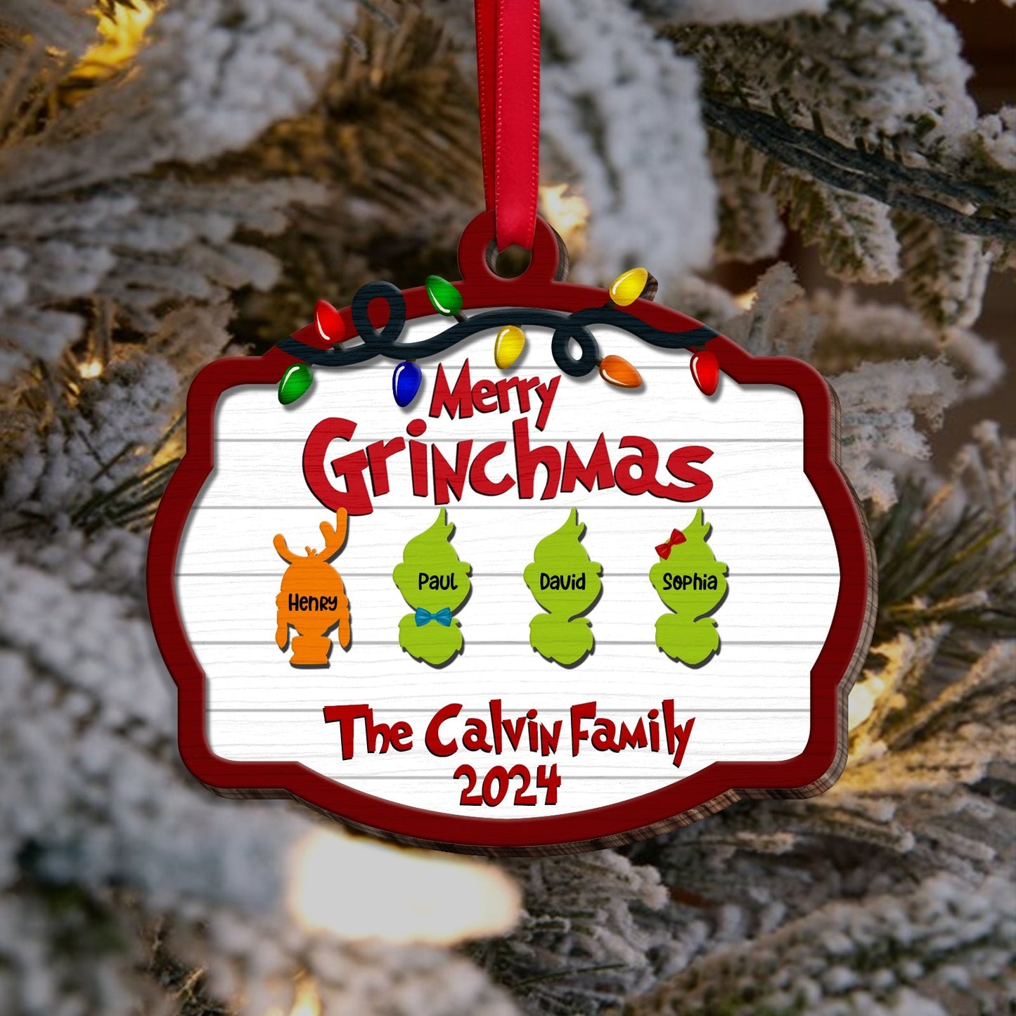 Family - Merry Grinchmas - Personalized Wood Ornament