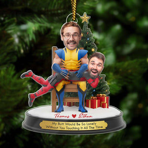 Personalized couple Christmas ornament featuring fun caricatures with a festive background and heartfelt message