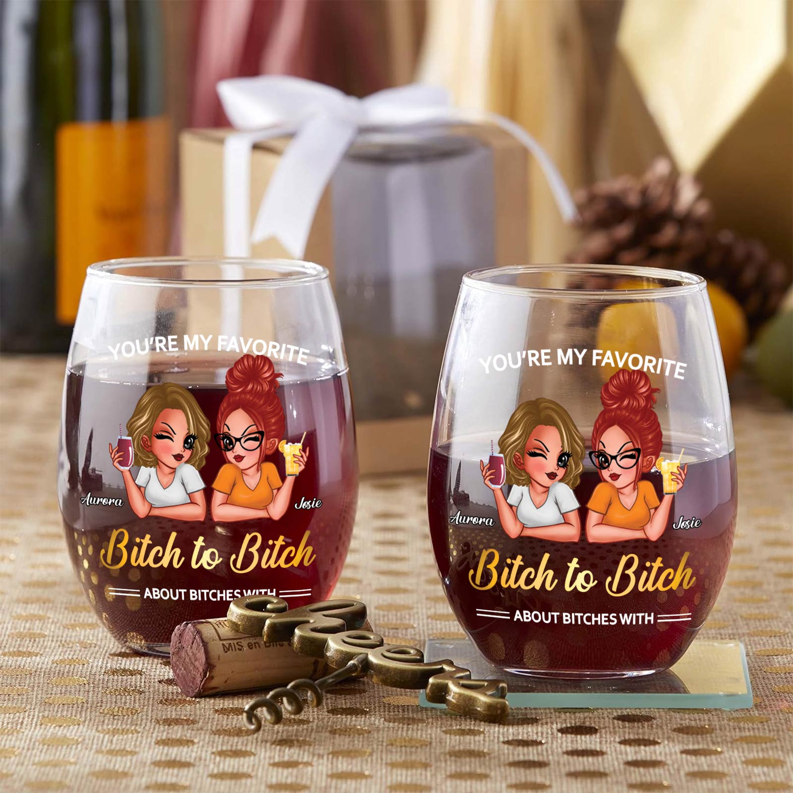 Bestie - Bitch To Bitch - Personalized Wine Glass