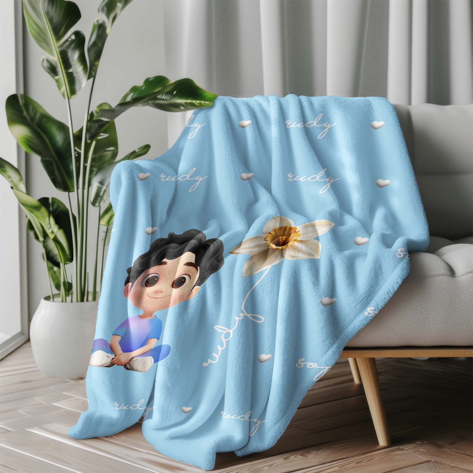 Family - Kid And Flower - Personalized Blanket
