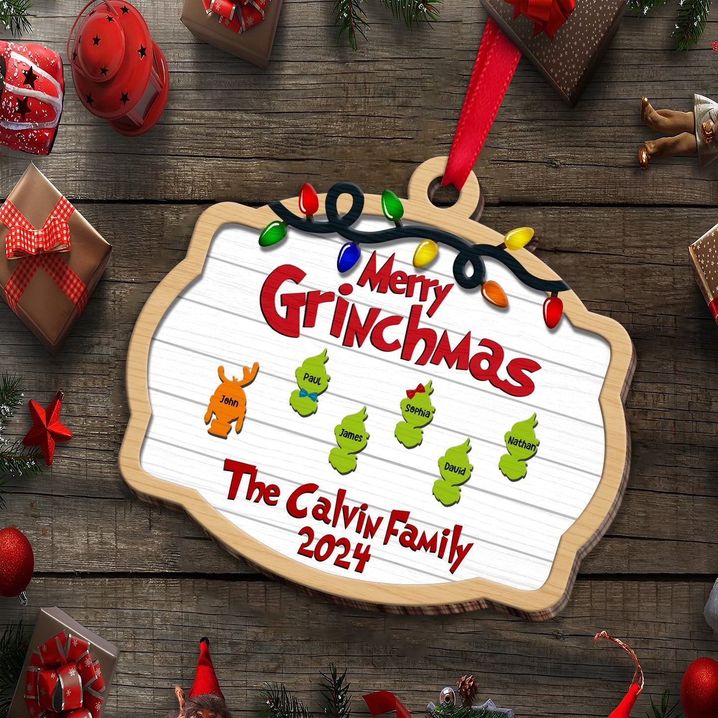 Family - Merry Grinchmas - Personalized Wood Ornament