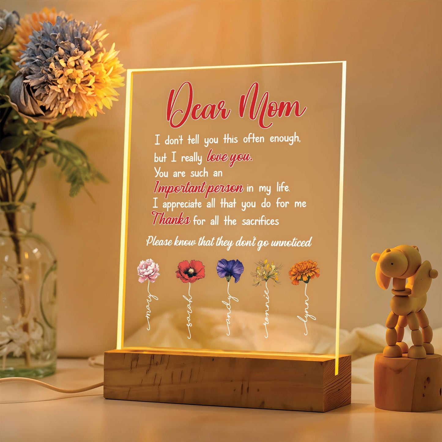 Gift For Mom - Dear Mom - Personalized Flower LED Light