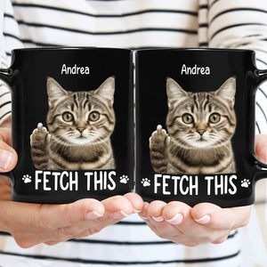Custom pet photo mug featuring a playful cat design and personalized text for unique gifting