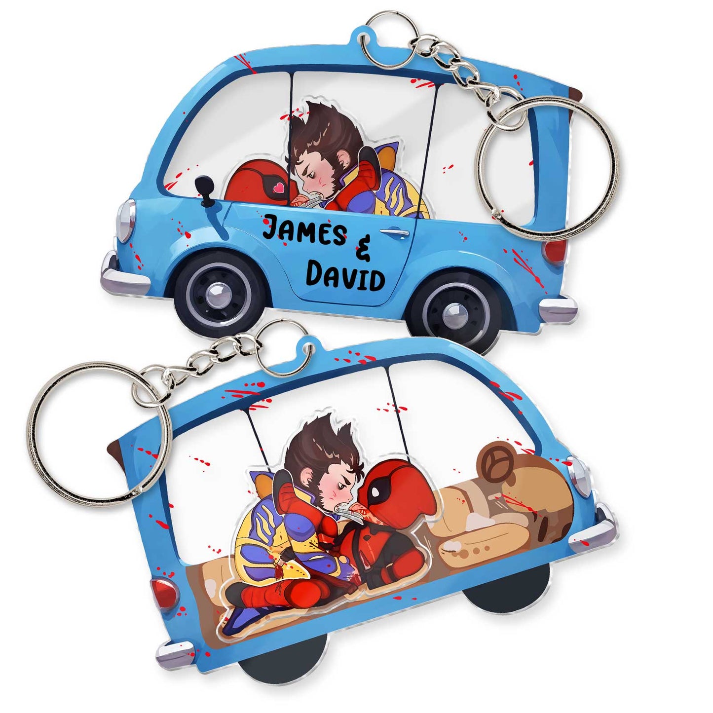 Movie Parody - Deadpool and Wolverine Car Fight - Personalized 3-Layered Shaking Keychain