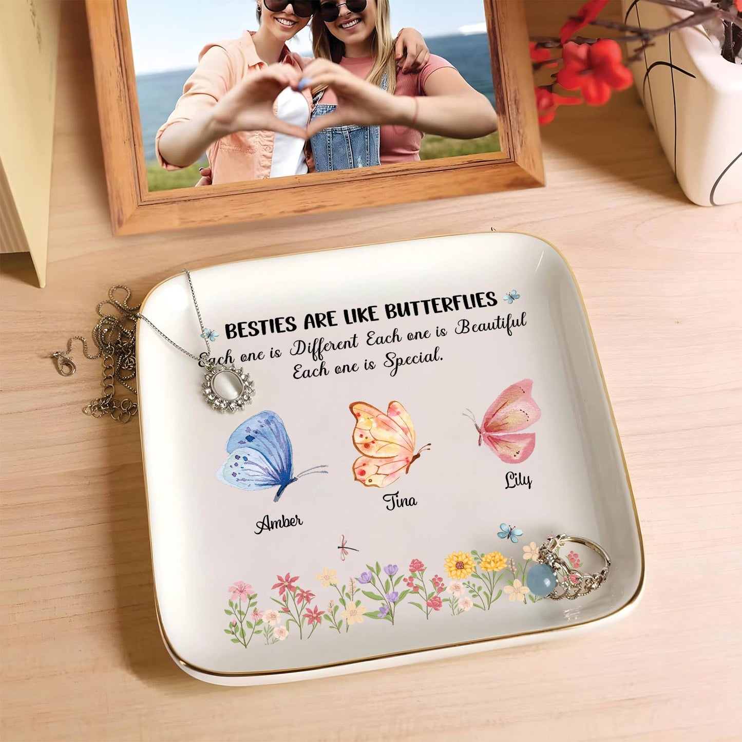 Gift For Besties/Sisters - Sisters Are Like Butterflies - Personalized Jewelry Dish