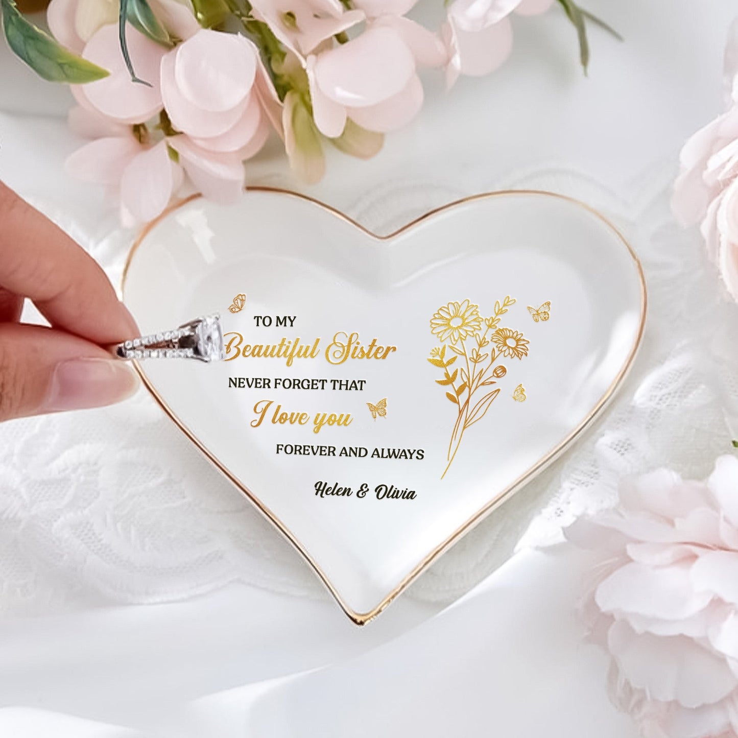 Besties - To My Beautiful Sister - Personalized Heart-Shaped Jewelry Dish