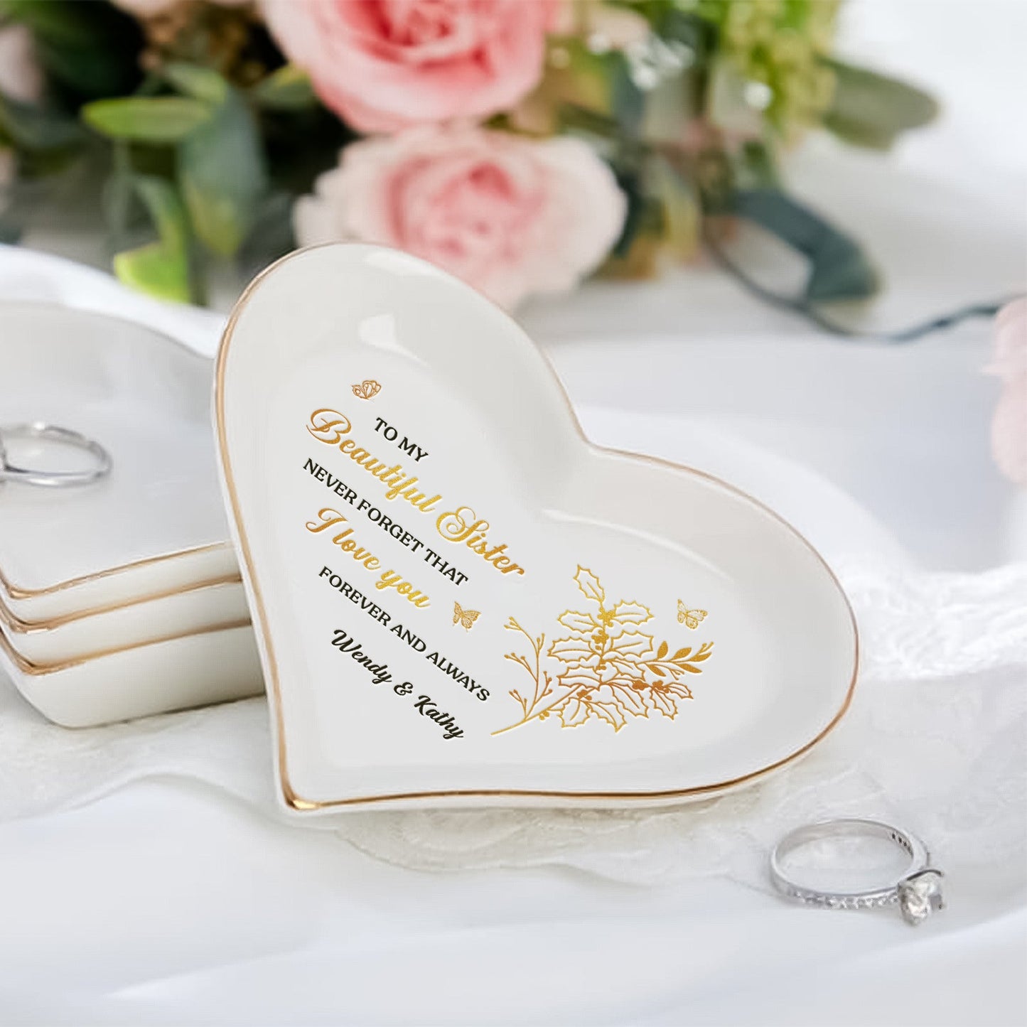 Besties - To My Beautiful Sister - Personalized Heart-Shaped Jewelry Dish