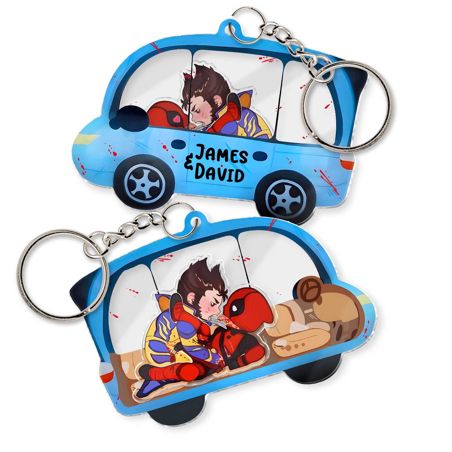 Movie Parody - Deadpool and Wolverine Car Fight - Personalized 3-Layered Shaking Keychain