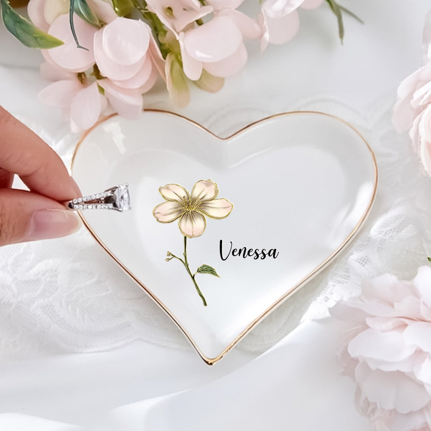 Flower - Personalized Heart-Shaped Jewelry Dish