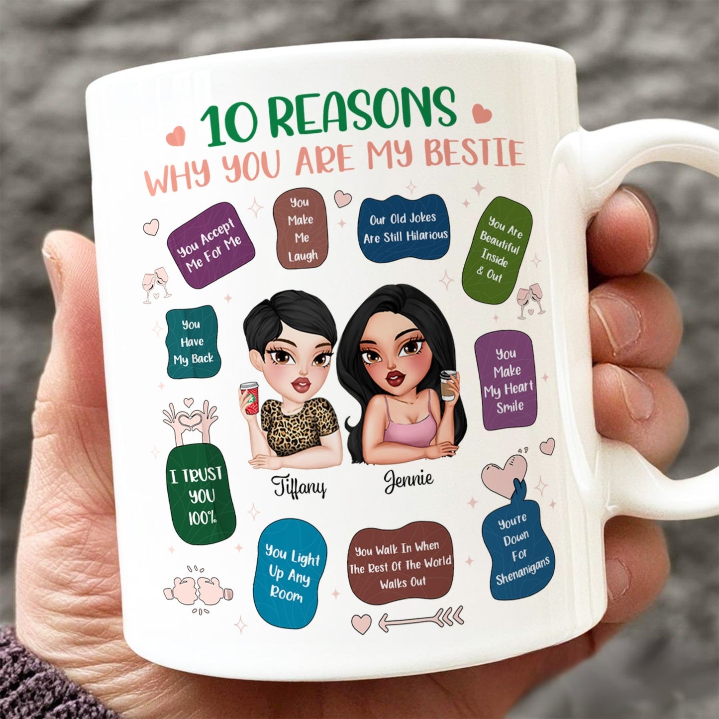Personalized best friend mug with 10 reasons why you are my bestie, featuring illustrations and heartfelt messages