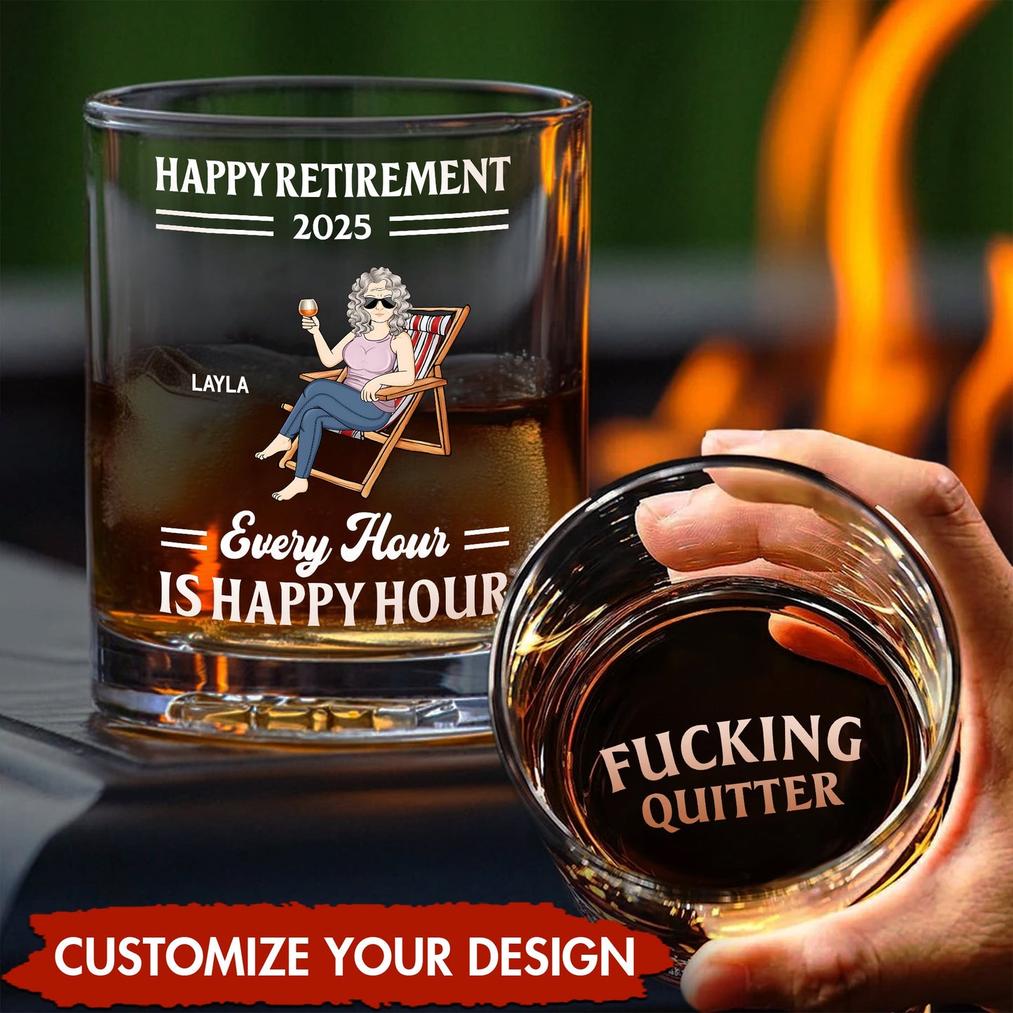 Personalized Whiskey Glass set with Happy Retirement 2025 design named Layla and second glass reading FUCKING QUITTER