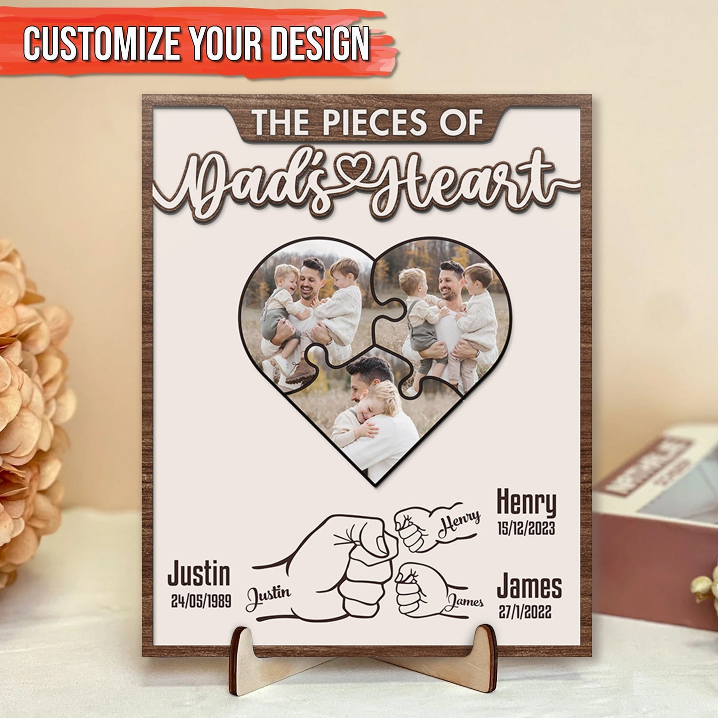 Father – The Pieces of Dad’s Heart – Personalized 2-Layer Wooden Sign