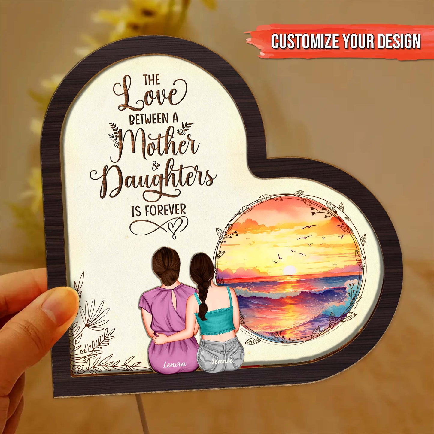 Mother - The Love Between A Mother & Daughters Is Forever - Personalized LED Light Wooden Plaque
