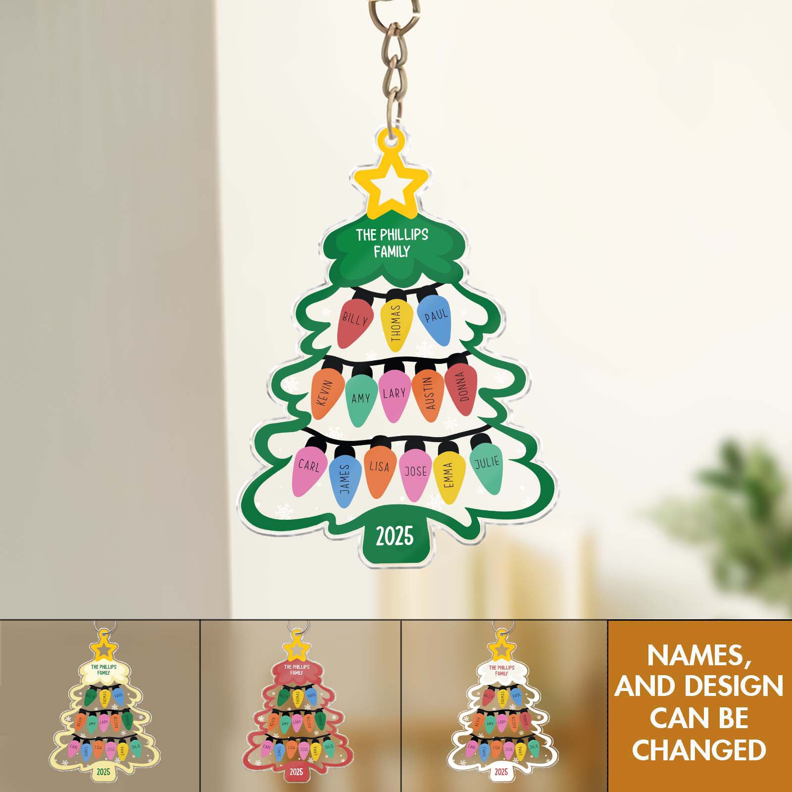 Personalized Christmas keychain featuring a festive tree design with customizable family names