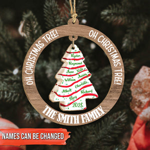 Personalized family Christmas ornament featuring a festive tree design with customizable names for family gatherings