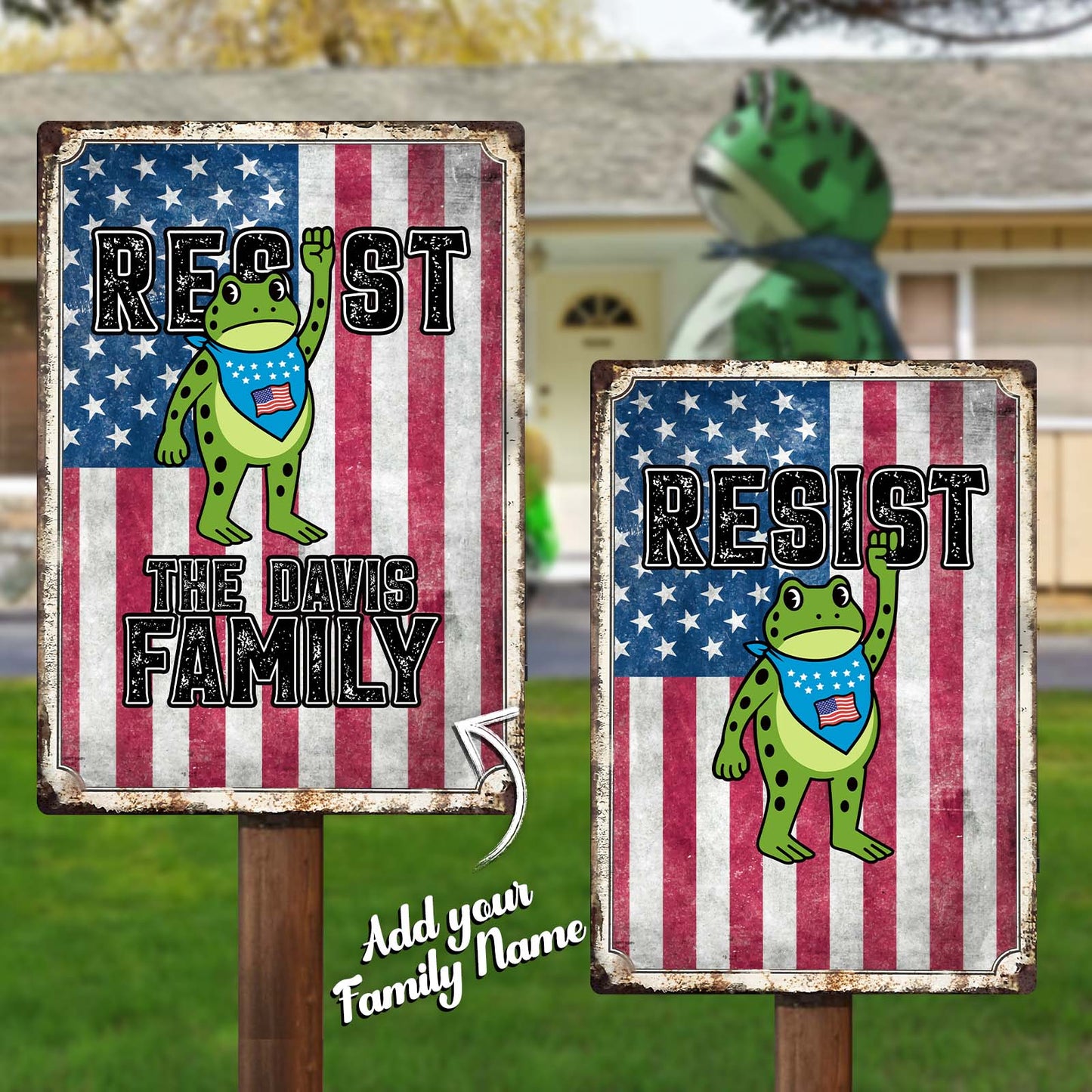 Personalized patriotic metal sign featuring a frog and customizable family name on a striped flag background