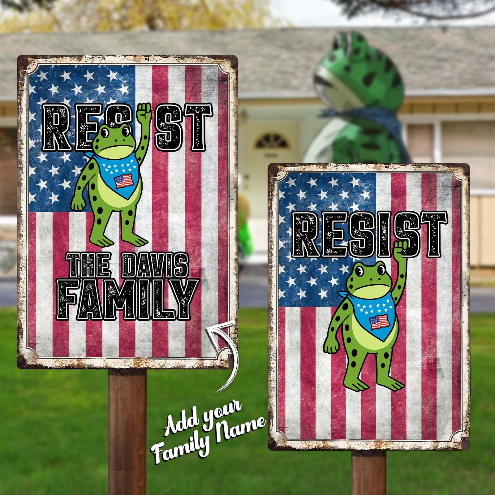 Personalized patriotic metal sign featuring a frog and customizable family name on a striped flag background