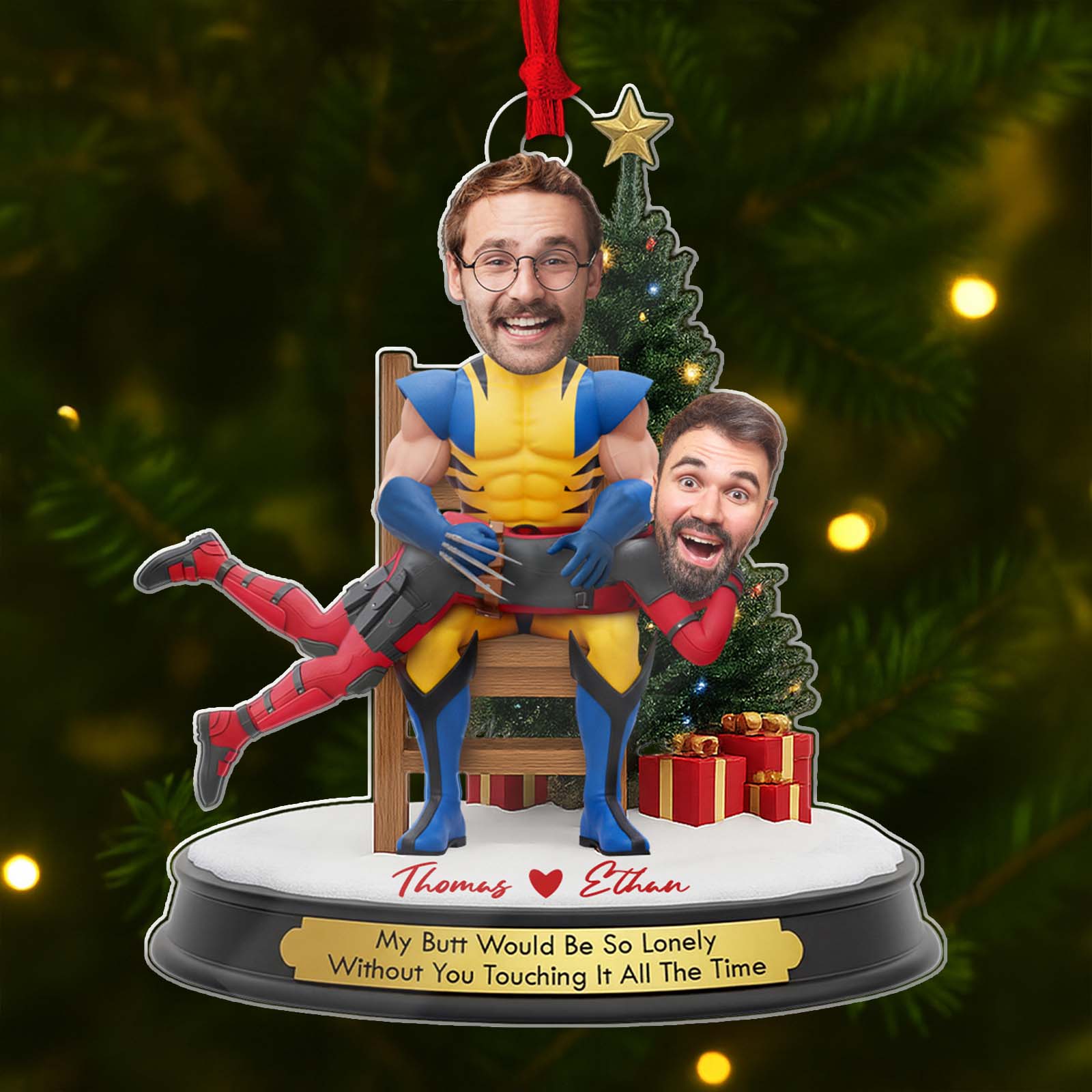 Unique personalized couple Christmas ornament featuring custom characters and a heartfelt message