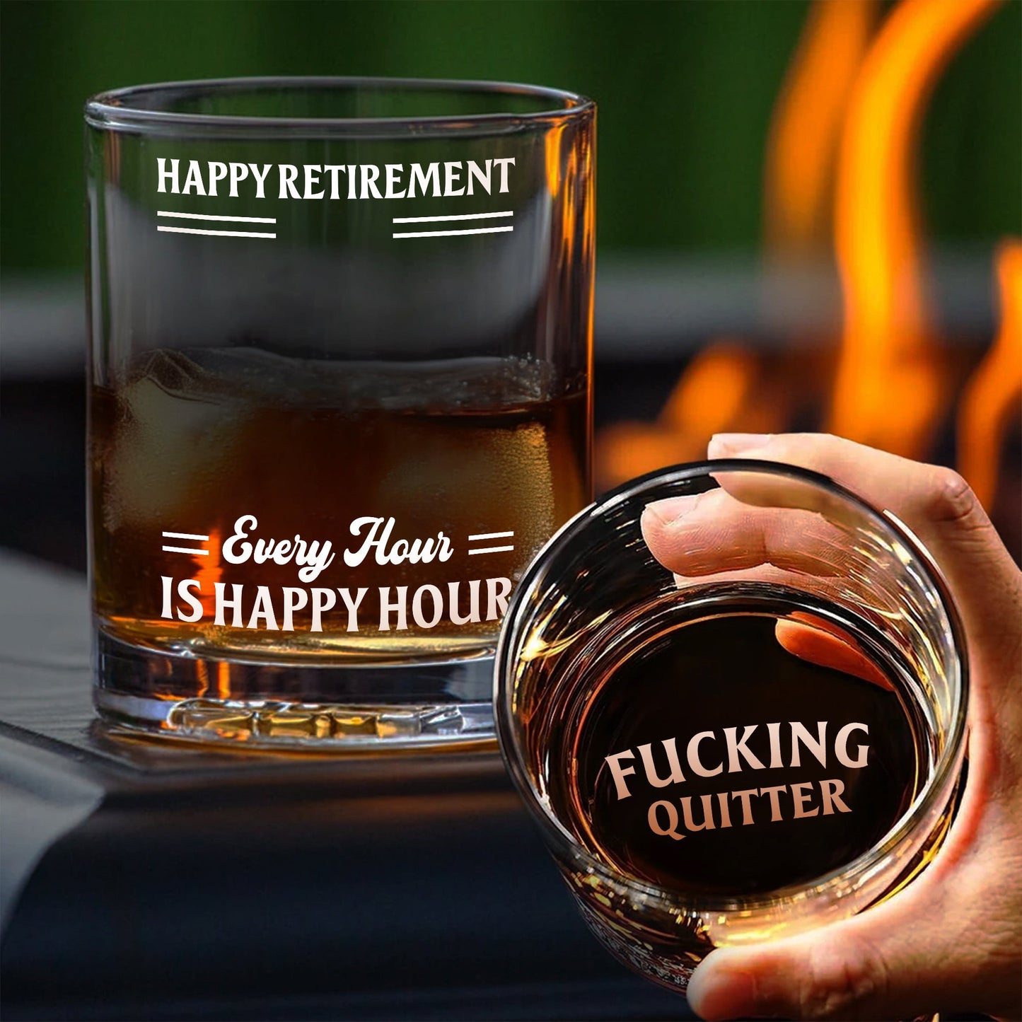 Personalized Whiskey Glass set with retirement engraving Happy Retirement Every Hour Is Happy Hour and explicit Fucking Quitter
