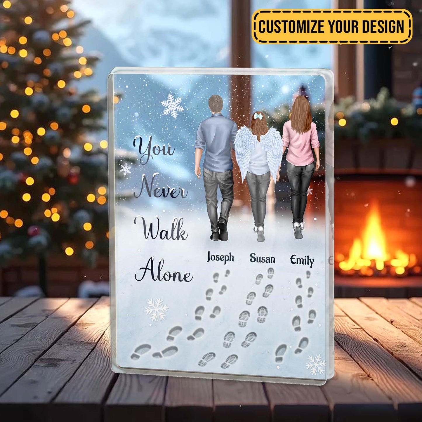 Customized Acrylic Block for Family with You Never Walk Alone message and three walking figures in winter scene
