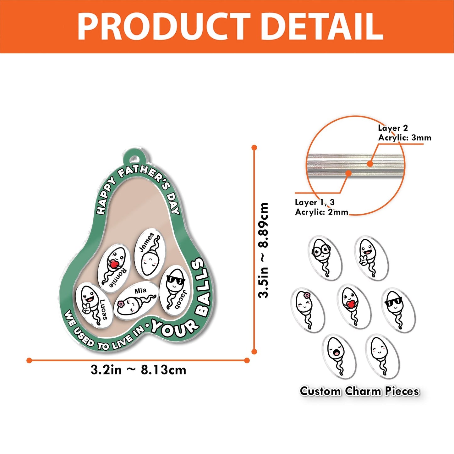 Acrylic shaking keychain for fathers featuring a playful avocado design with custom charm pieces