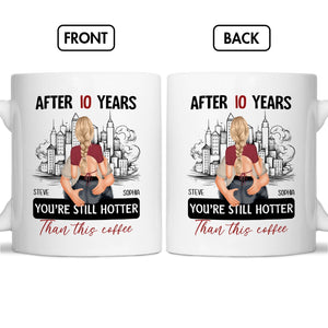 365Gifty coffee mug with design saying after 10 years still hotter than coffee mug featuring couple hugging in city background