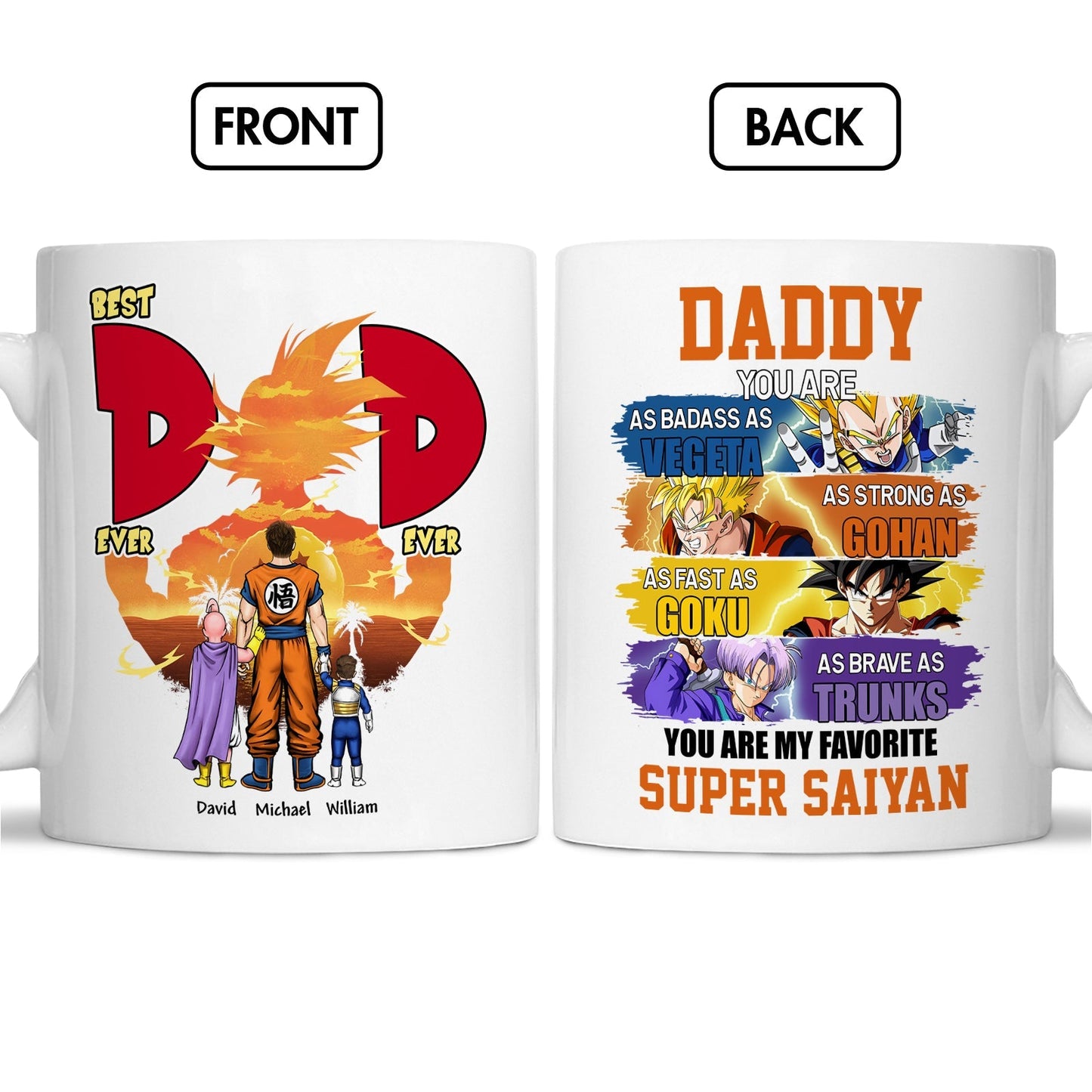Anime best dad ever mug featuring Dragon Ball characters with personalized names and Super Saiyan design
