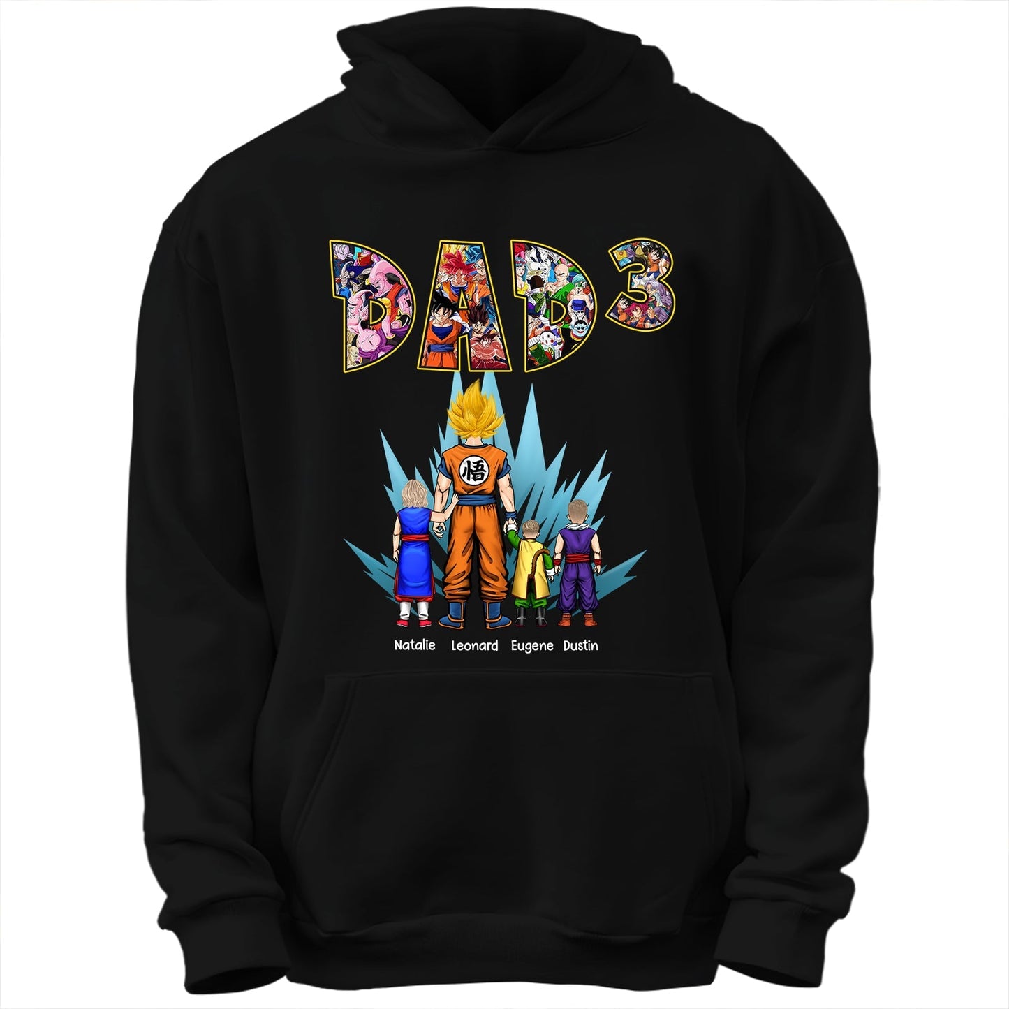 Black anime dad shirt with kids names Natalie Leonard Eugene Dustin Dragon Ball design
