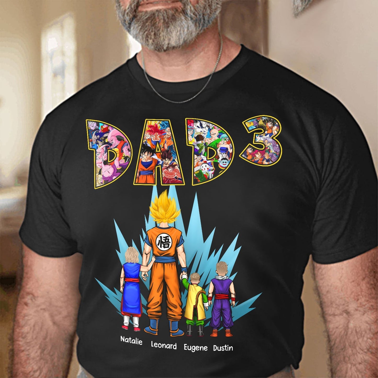 Black anime dad shirt with kids names Natalie Leonard Eugene Dustin and vibrant anime designs