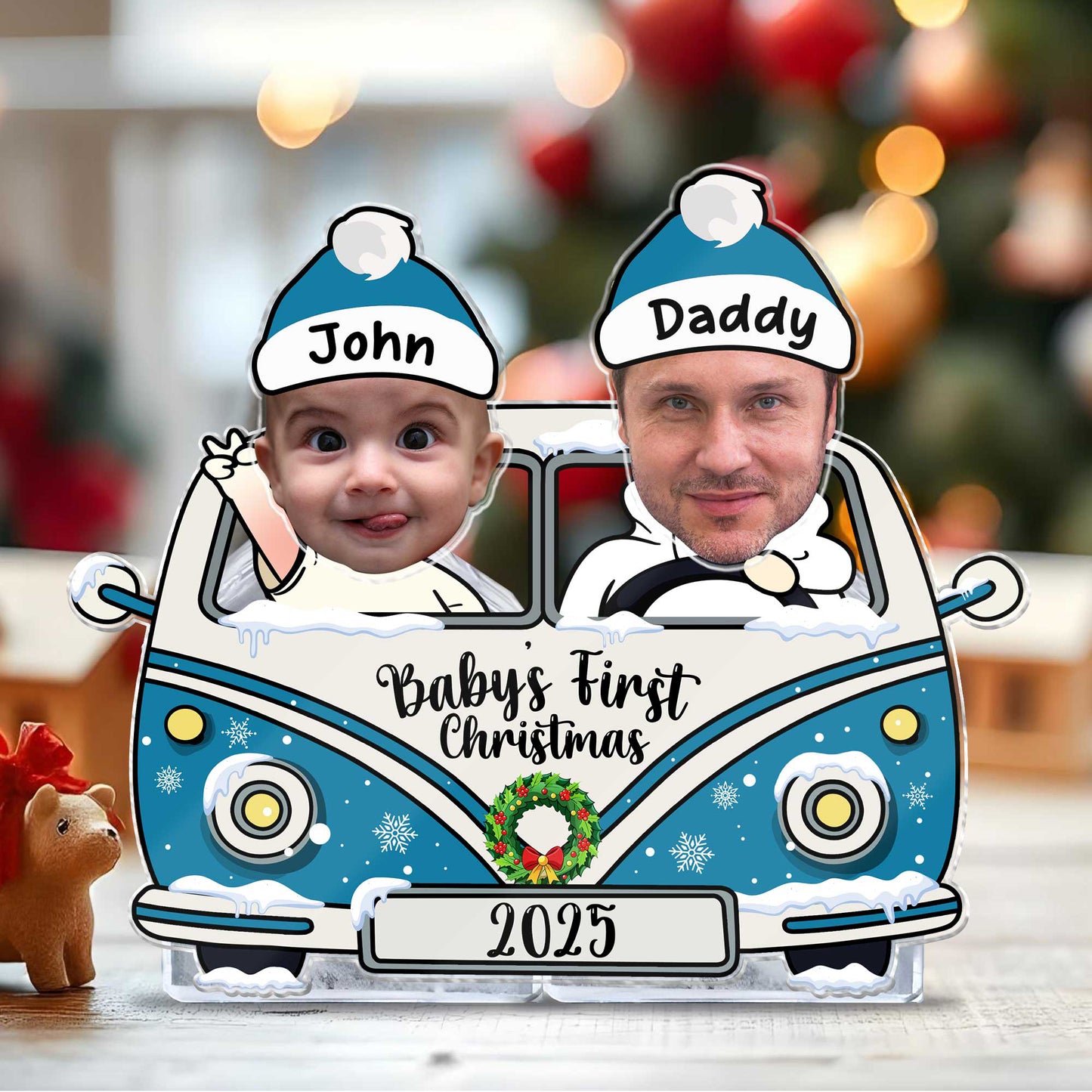 Personalized drive safe daddy photo standee featuring a baby and dad in a festive car for special memories