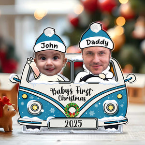 Personalized drive safe daddy photo standee featuring a baby and dad in a festive car for special memories