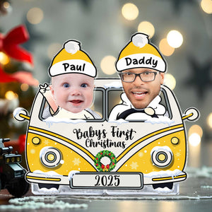 Personalized drive safe daddy photo standee featuring a baby and dad in a festive car design