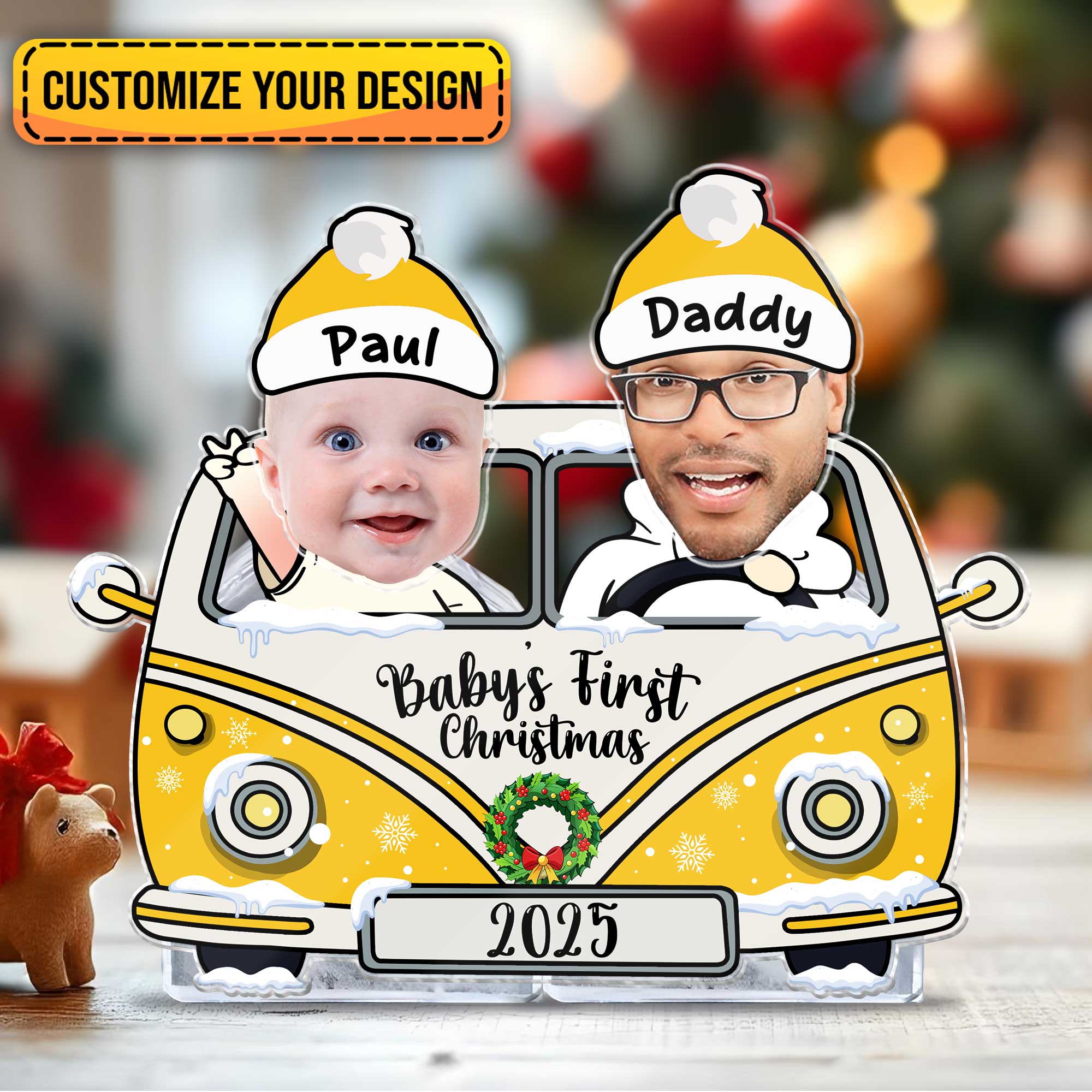 Personalized drive safe daddy photo standee featuring a baby and daddy in a festive car design