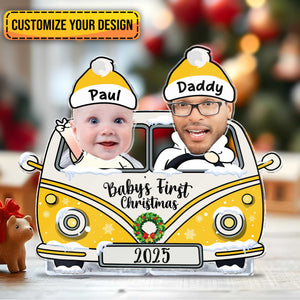 Personalized drive safe daddy photo standee featuring a baby and daddy in a festive car design