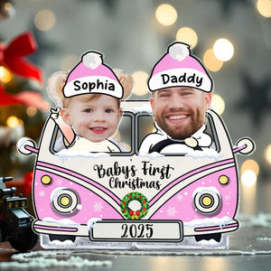 Personalized drive safe daddy photo standee featuring a pink car with space for family photos