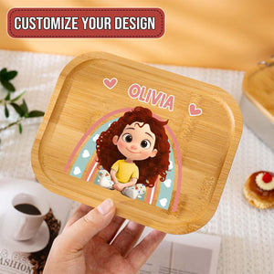 Customizable bamboo lunch box for kids with cartoon design and the name Olivia by 365Gifty
