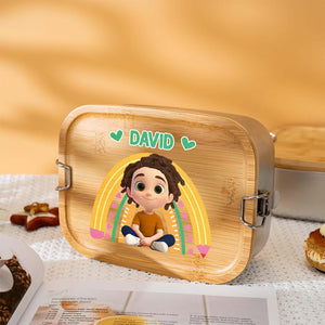 365Gifty bamboo lunch box for kids with cartoon character and name David printed on lid