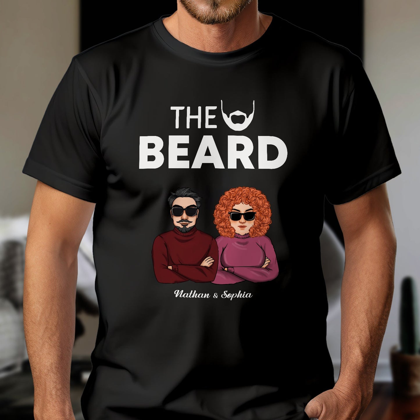 Black beauty and the beard shirt featuring cartoon of man with beard and woman with curly hair in sunglasses
