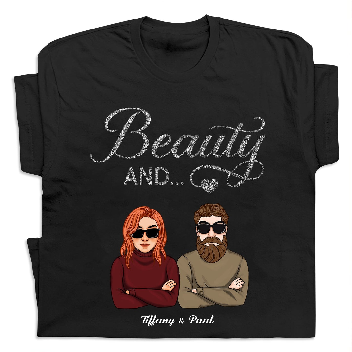Black beauty and the beard shirt featuring illustrated couple with sunglasses and personalized names Tiffany and Paul