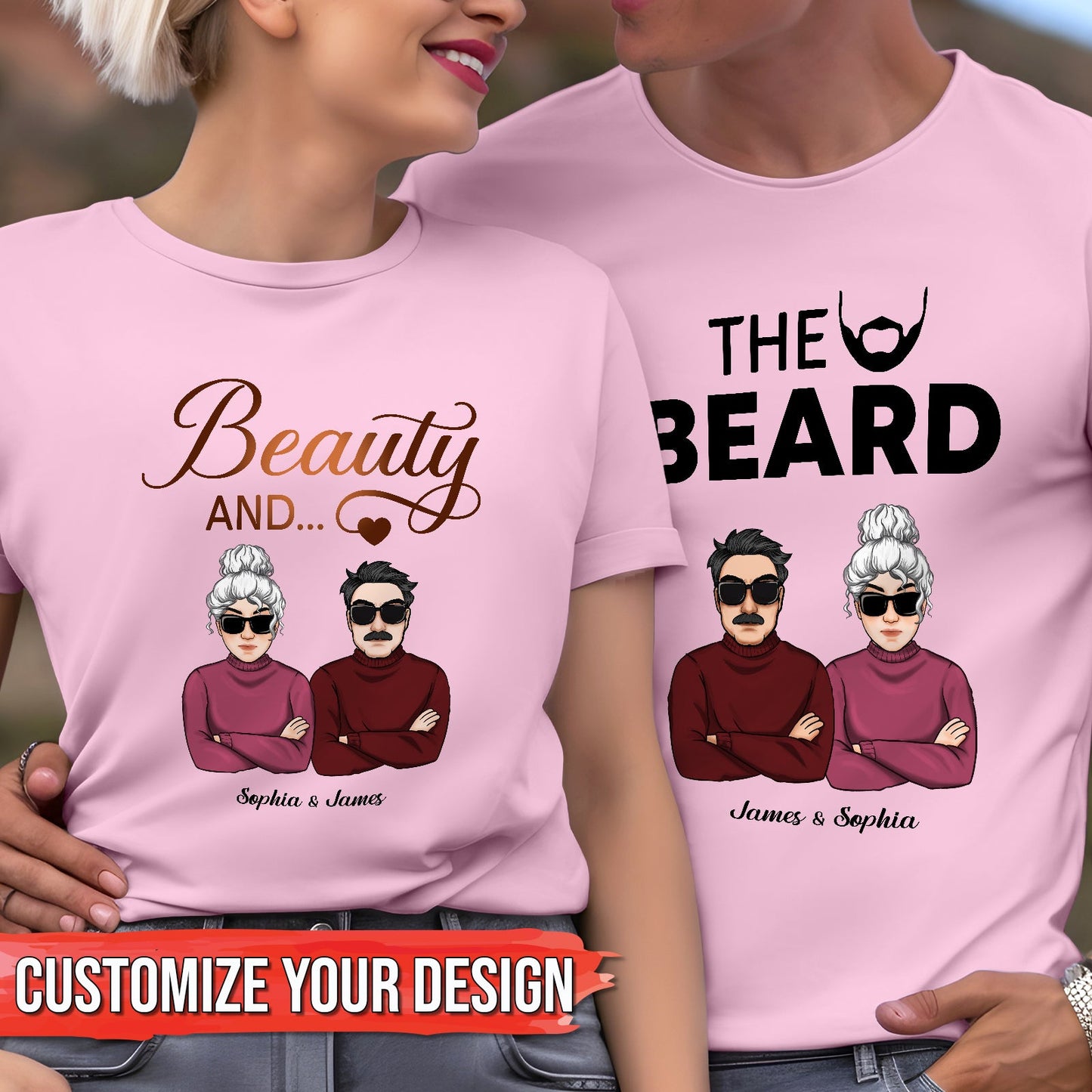 Couple wearing matching pink Beauty and the Beard shirt with illustrated characters and customizable names