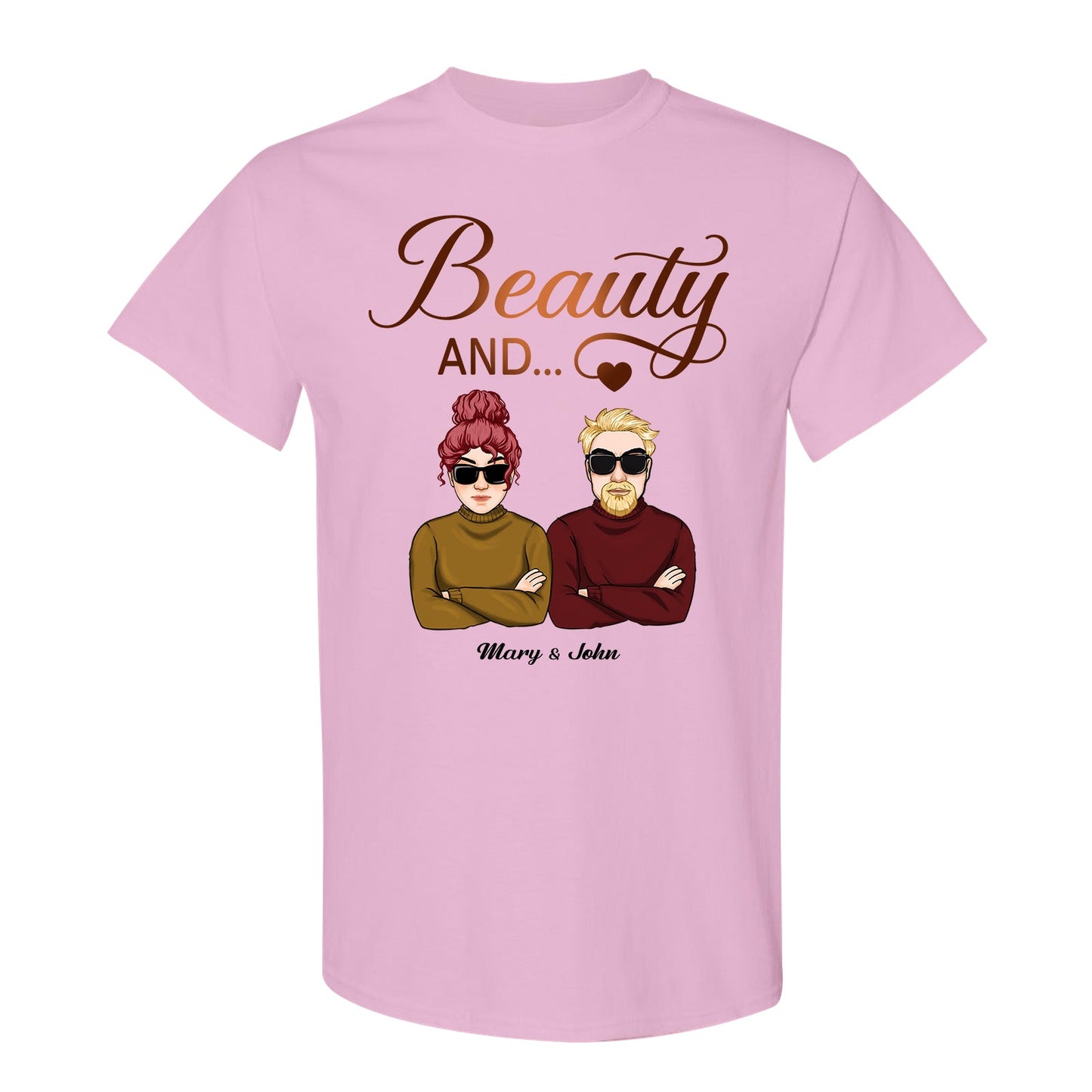 Pink Beauty and the Beard shirt with cartoon couple wearing sunglasses and crossed arms