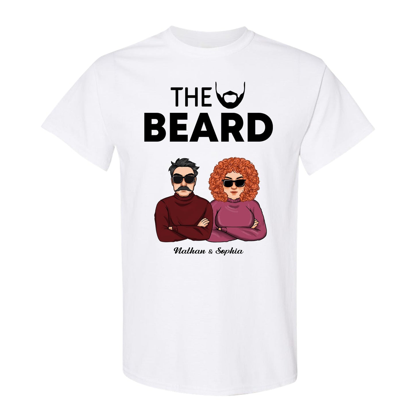 White beauty and the beard shirt with cartoon couple Nathan and Sophia wearing sunglasses